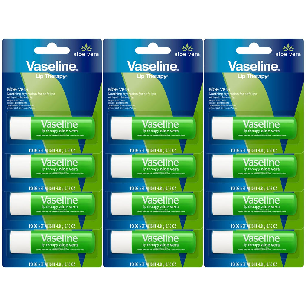 Vaseline Lip Therapy Aloe Fresh 12-Pack – Moisturizing Lip Balm for Very Dry Lips, 0.16 oz Each