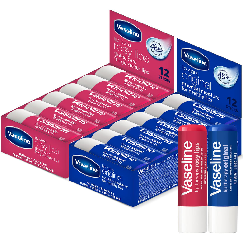 Vaseline Lip Therapy Bulk Lip Balm – Rosy Lips & Original, 24 Sticks (0.16 oz each)