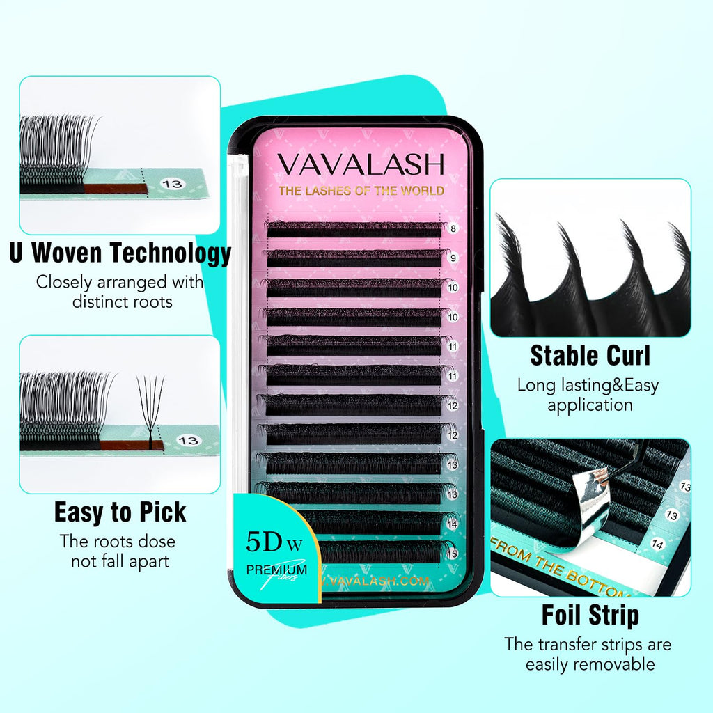 VAVALASH U 5D Lash Extensions – C Curl 0.07mm, 8–15mm Mix Tray, 5D UU Lash Fans, U-Shaped Natural Wispy Lashes