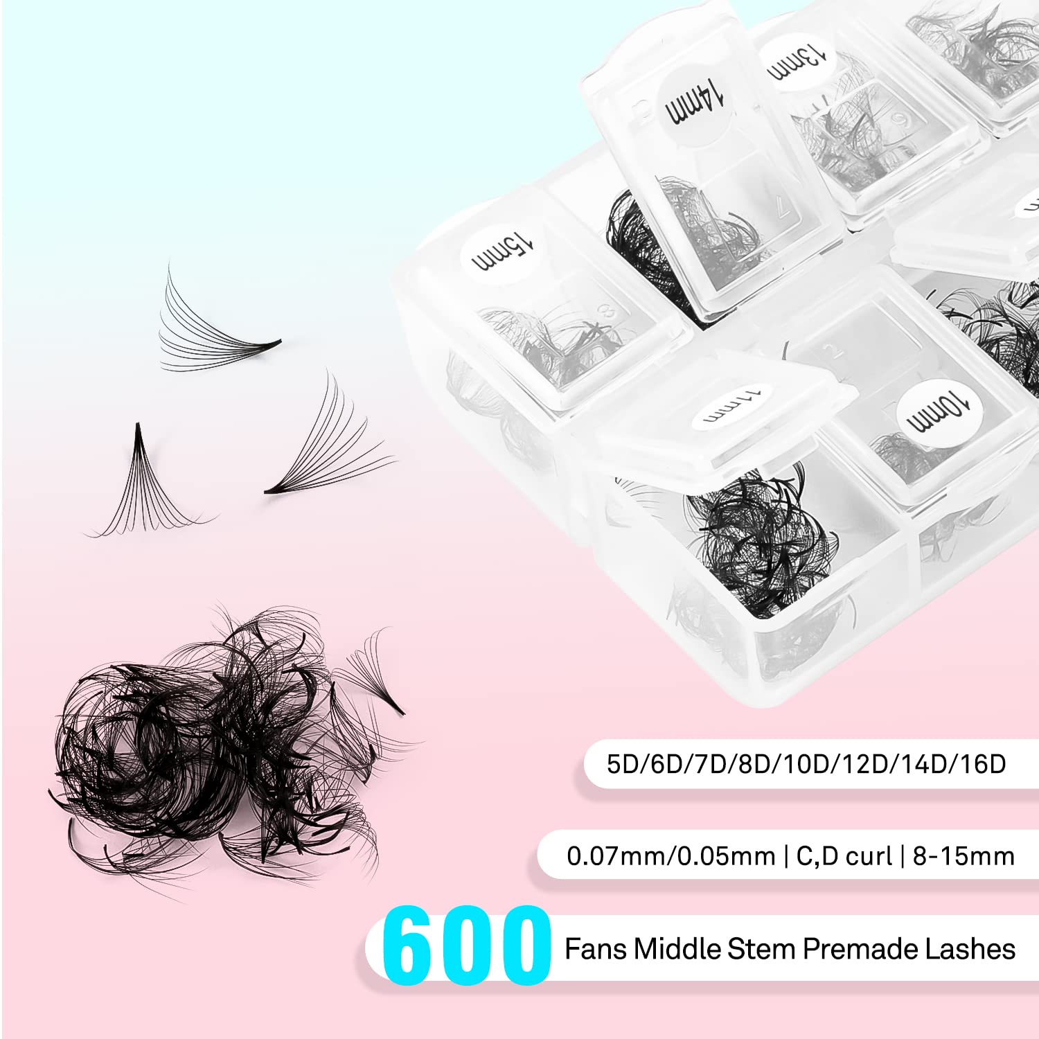 VAVALASH 600 Fans Premade Loose Lash Fans 8-15mm | 10D-0.07-C-8-15mm Promade Volume
