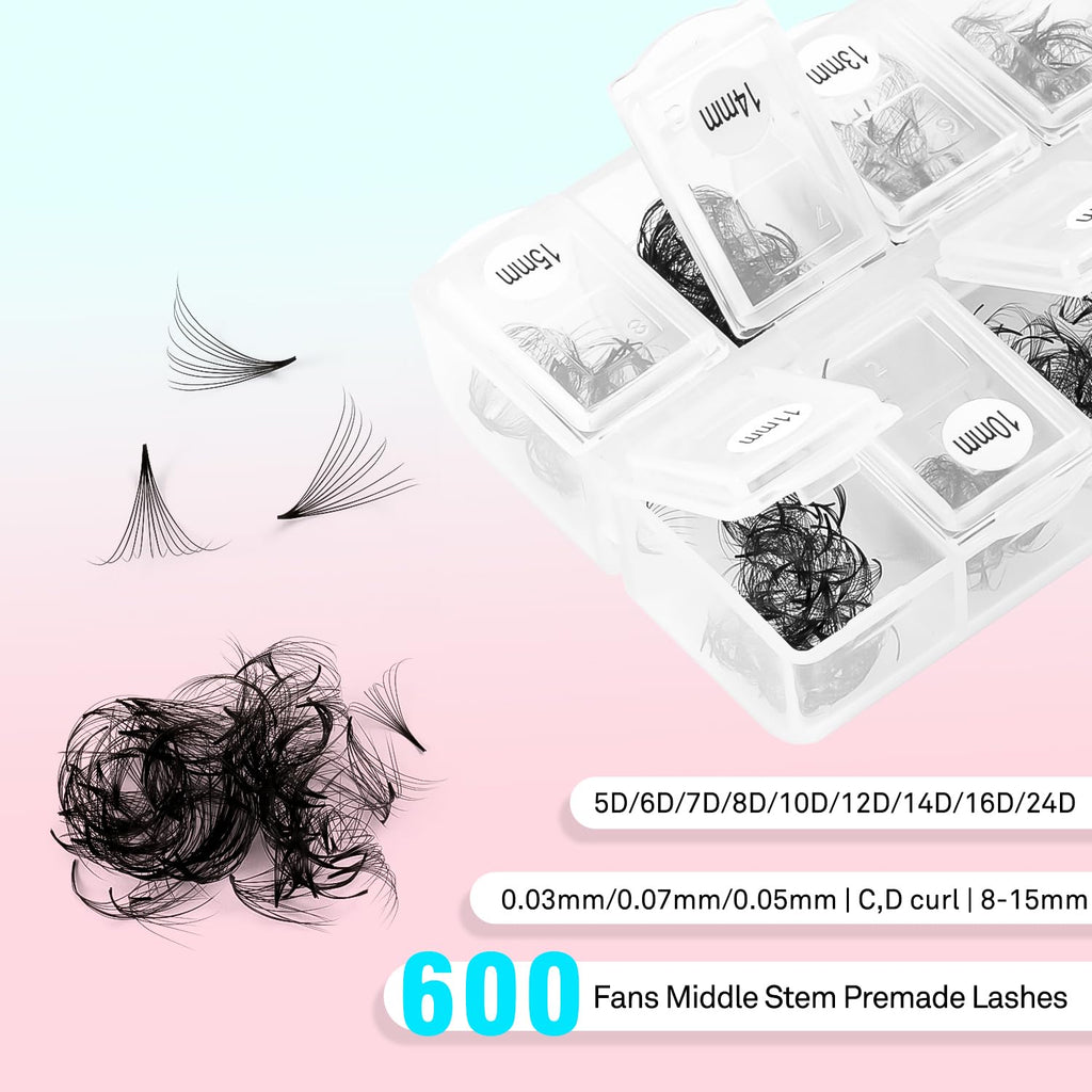 VAVALASH 600 Fans Premade Lash Fans 5D-24D | Mixed Length 8-15mm Promade Loose Fans, Thin Base