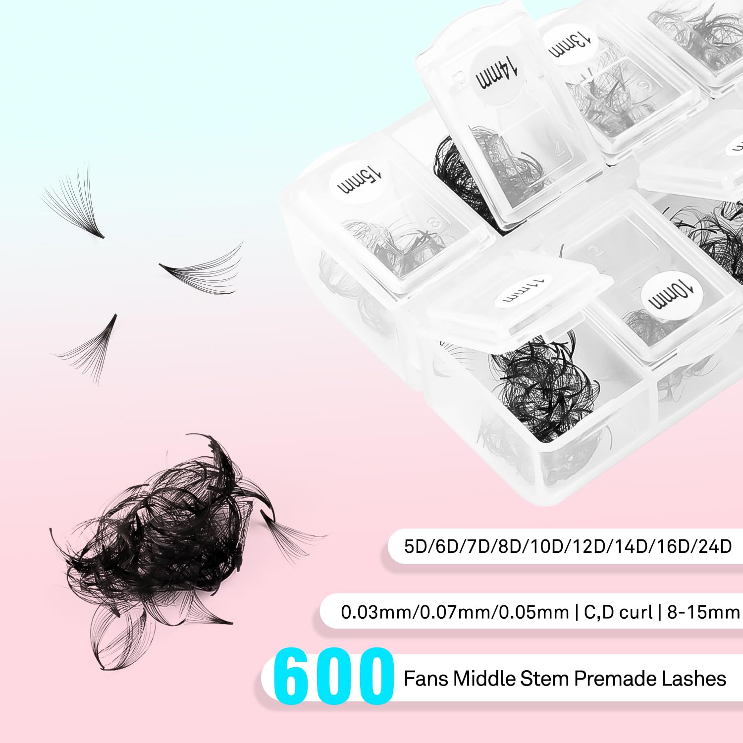 VAVALASH 600 Fans Premade Loose Lash Fans – 5D-16D, 0.03-0.07mm, 8-15mm