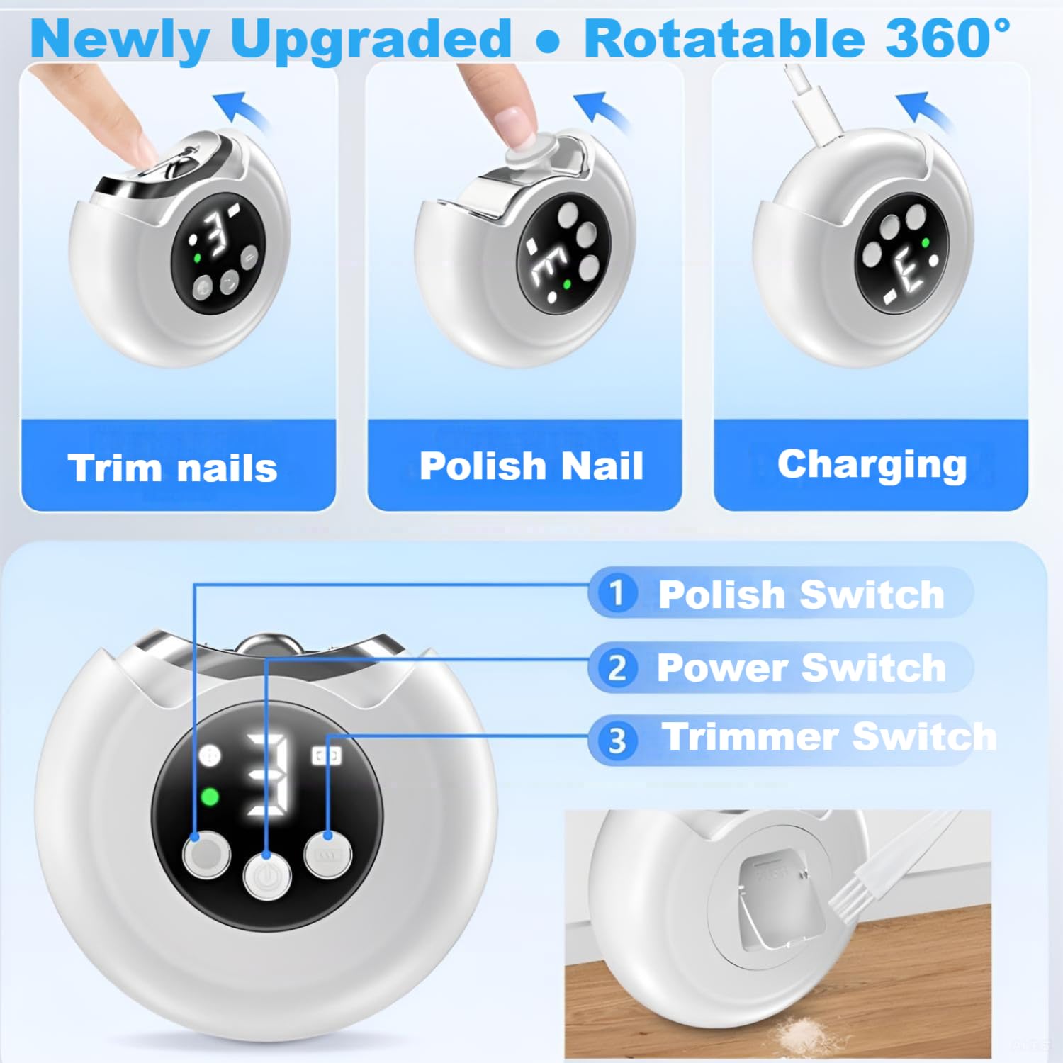 VBXBKC Electric Nail Clipper — 3-Speed with LCD Display, USB-C Rechargeable, 360° Storage