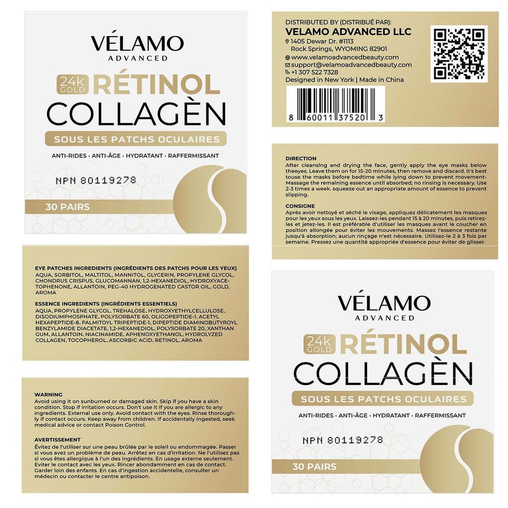 VELAMO ADVANCED 24K Gold Under Eye Patches – Retinol & Collagen Eye Masks for Puffiness, Dark Circles & Wrinkles | 60 Pcs