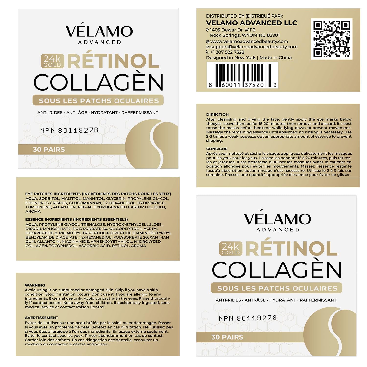 VELAMO ADVANCED 24K Gold Under Eye Patches – Retinol & Collagen Eye Masks for Puffiness, Dark Circles & Wrinkles | 60 Pcs