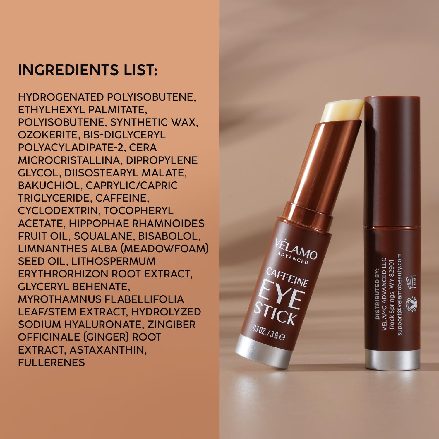 VELAMO ADVANCED Caffeine Eye Stick with Bakuchiol – Hydrating Eye Balm for Dark Circles, Puffiness & Fine Lines | Travel Size 0.1 oz/3g