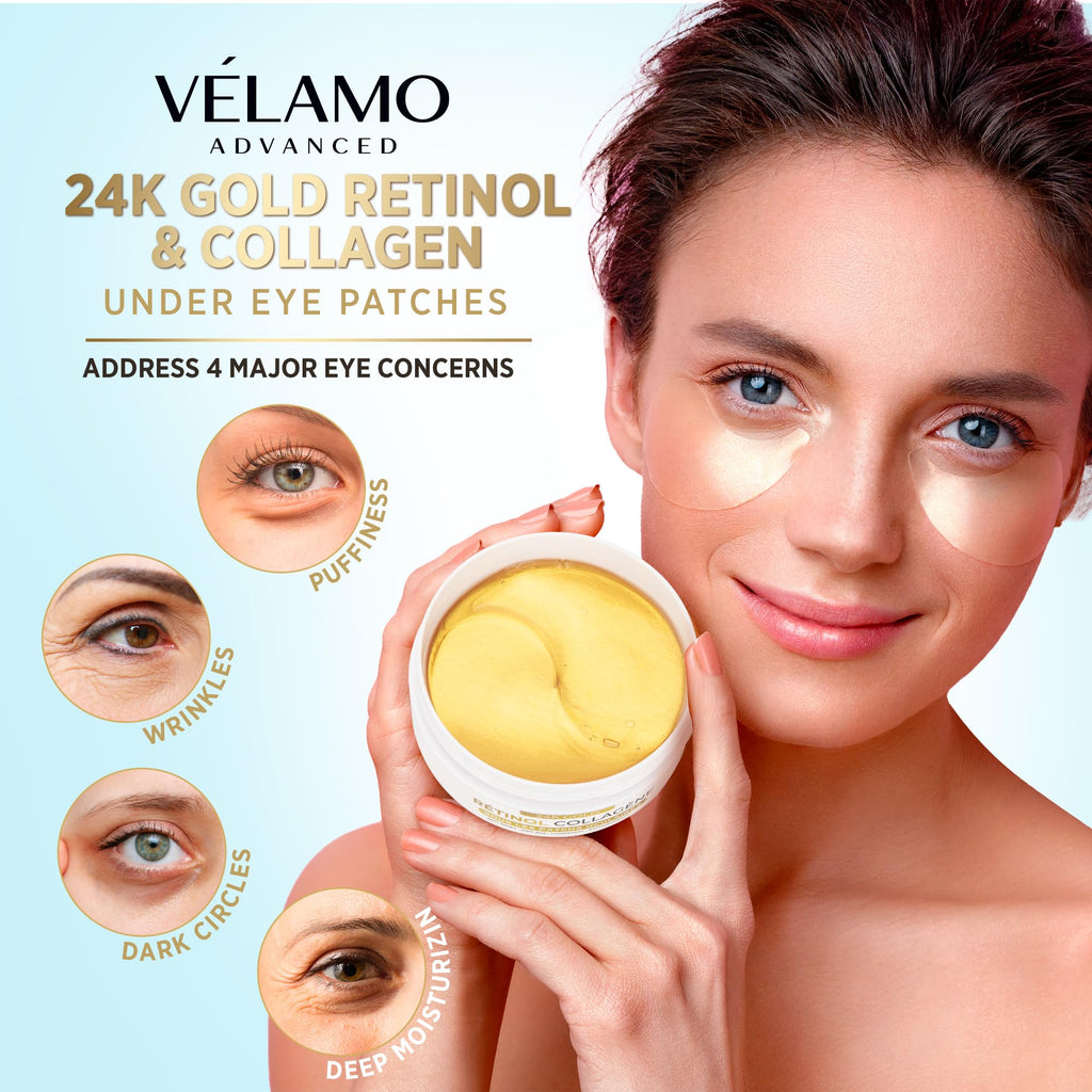 VELAMO ADVANCED 24K Gold Under Eye Patches – Retinol & Collagen Eye Masks for Puffiness, Dark Circles & Wrinkles | 60 Pcs