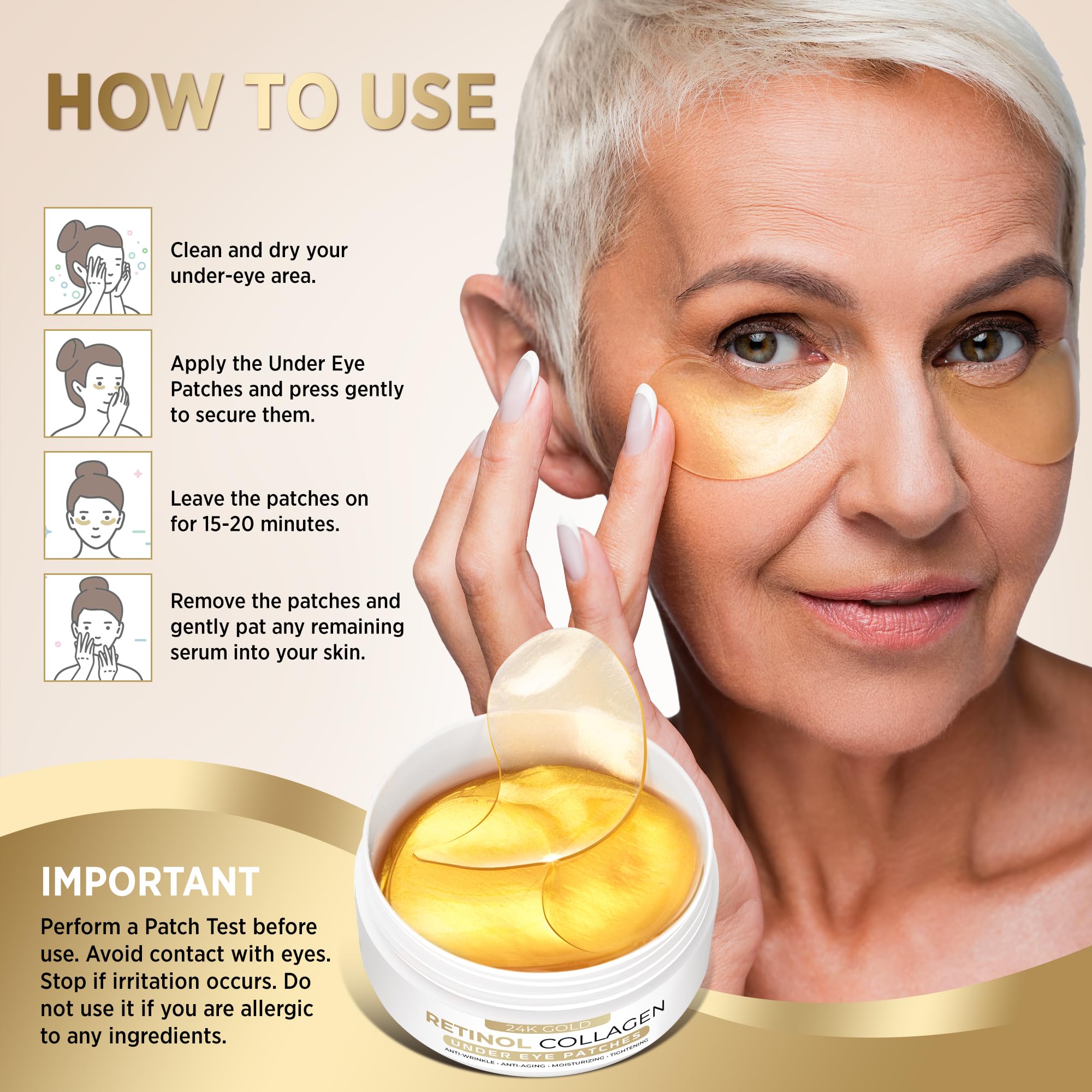 VELAMO ADVANCED 24K Gold Under Eye Patches – Retinol & Collagen Eye Masks for Puffiness, Dark Circles & Wrinkles | 60 Pcs