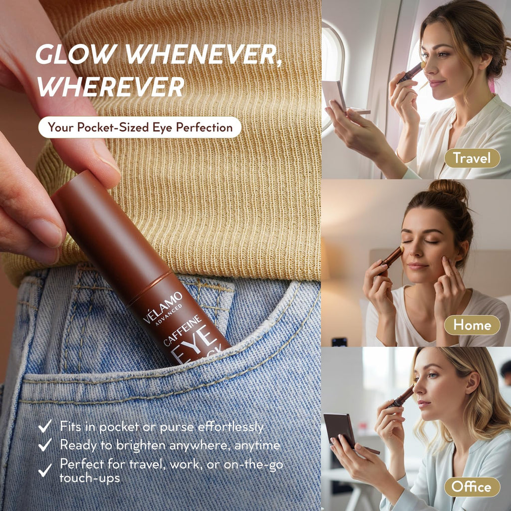 VELAMO ADVANCED Caffeine Eye Stick with Bakuchiol – Hydrating Eye Balm for Dark Circles, Puffiness & Fine Lines | Travel Size 0.1 oz/3g