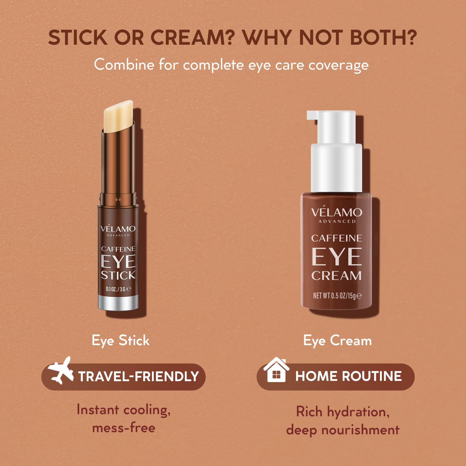 VELAMO ADVANCED Caffeine Eye Stick with Bakuchiol – Hydrating Eye Balm for Dark Circles, Puffiness & Fine Lines | Travel Size 0.1 oz/3g