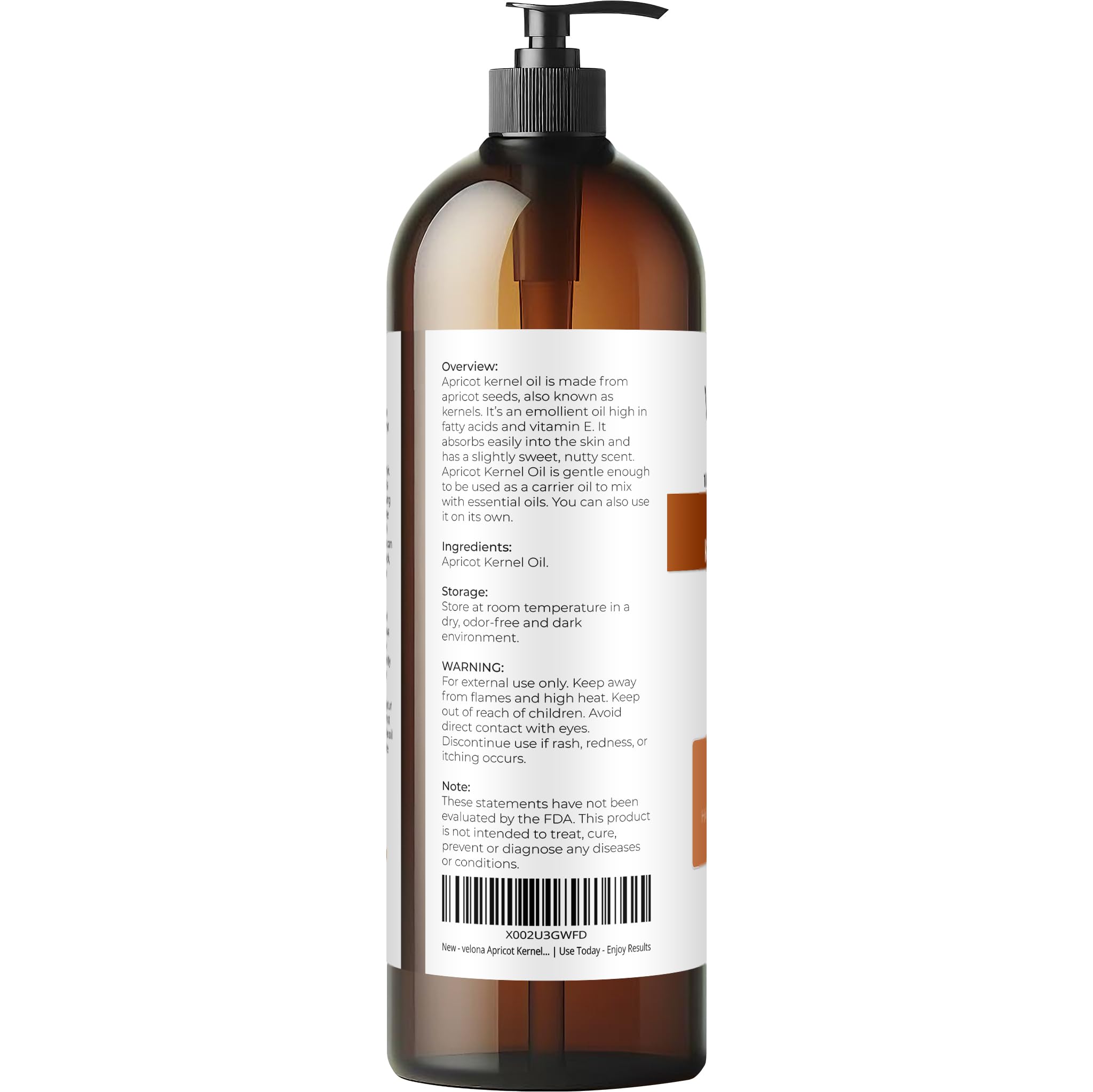Velona Apricot Kernel Oil 32 oz — Pure Carrier Oil for Hair, Skin, Body
