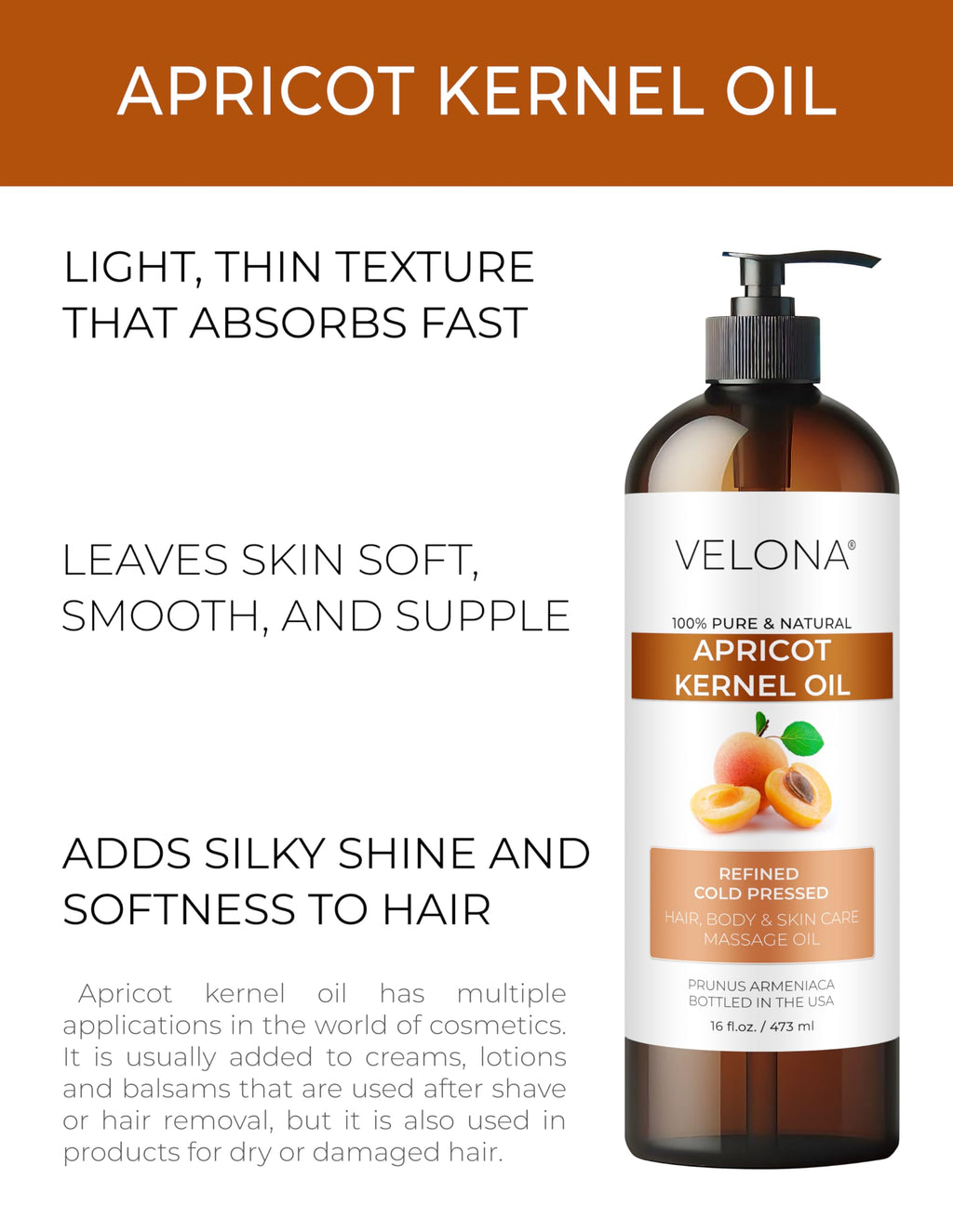 Velona Apricot Kernel Oil 32 oz — Pure Carrier Oil for Hair, Skin, Body
