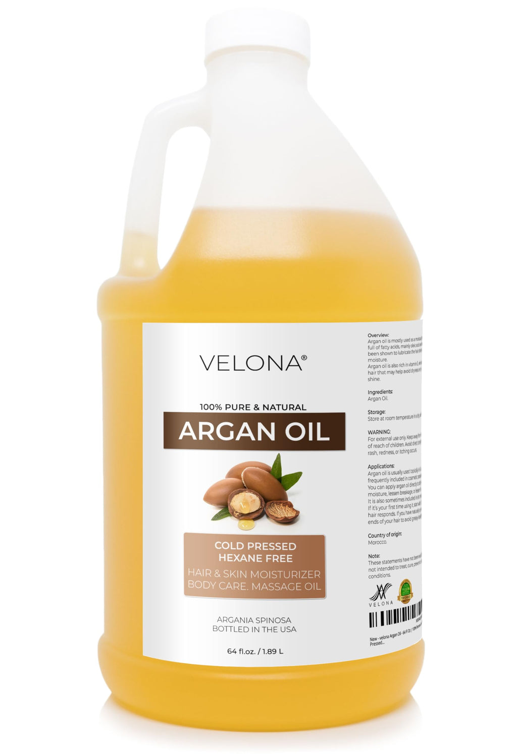 Velona Argan Oil 64oz — 100% Pure Moroccan Oil for Hair, Skin & Nails