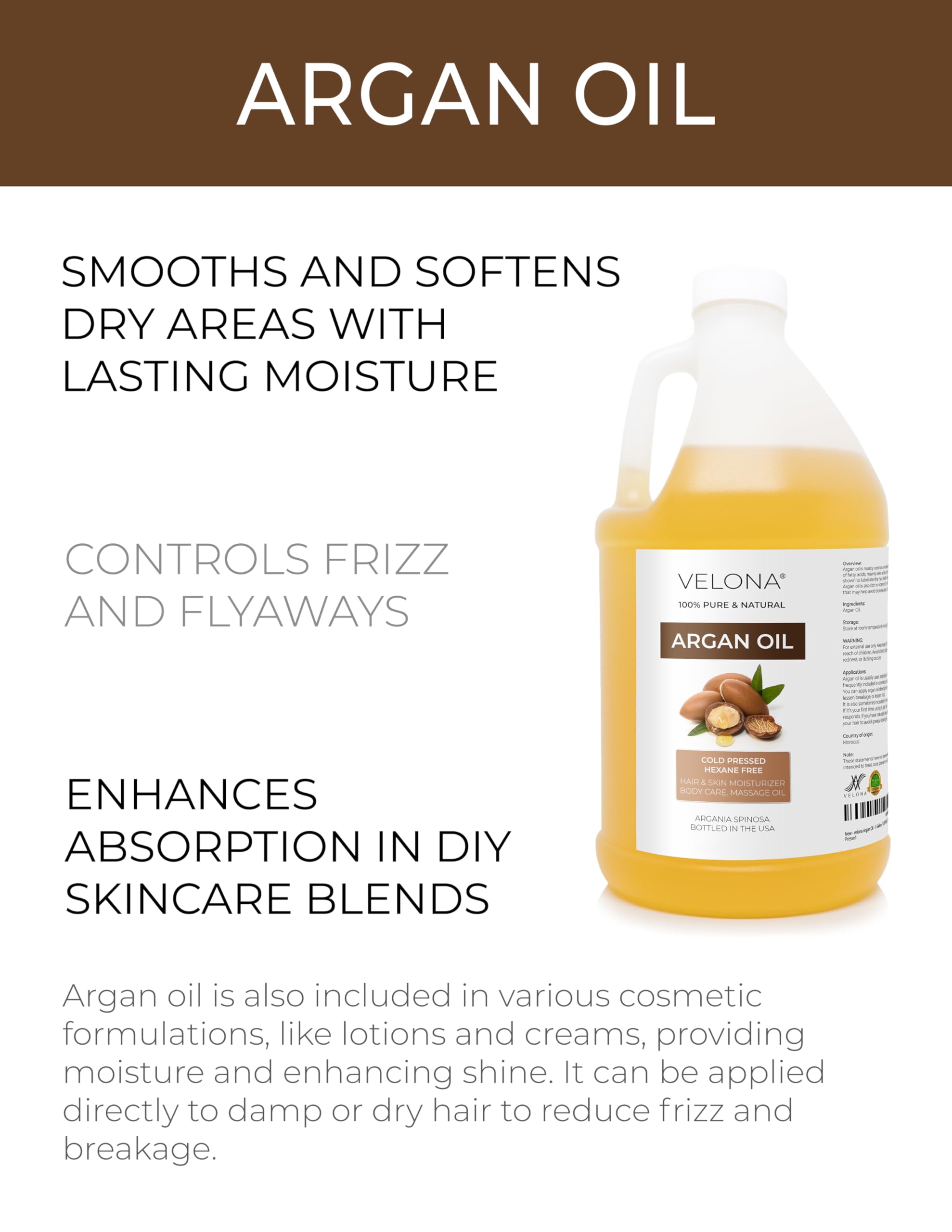 Velona Argan Oil 64oz — 100% Pure Moroccan Oil for Hair, Skin & Nails