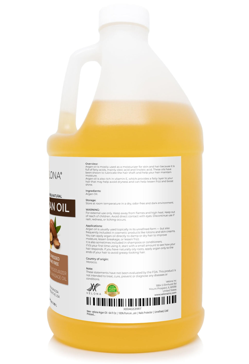 Velona Argan Oil 64oz — 100% Pure Moroccan Oil for Hair, Skin & Nails