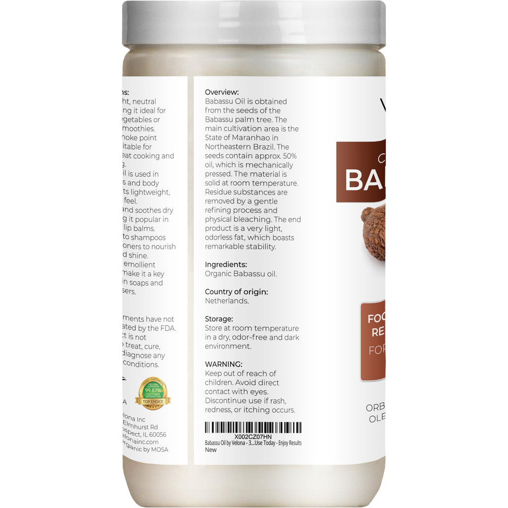 Velona Babassu Oil USDA Organic — 64 Fl Oz Pure Carrier Oil for Skin, Hair, Body & Cooking