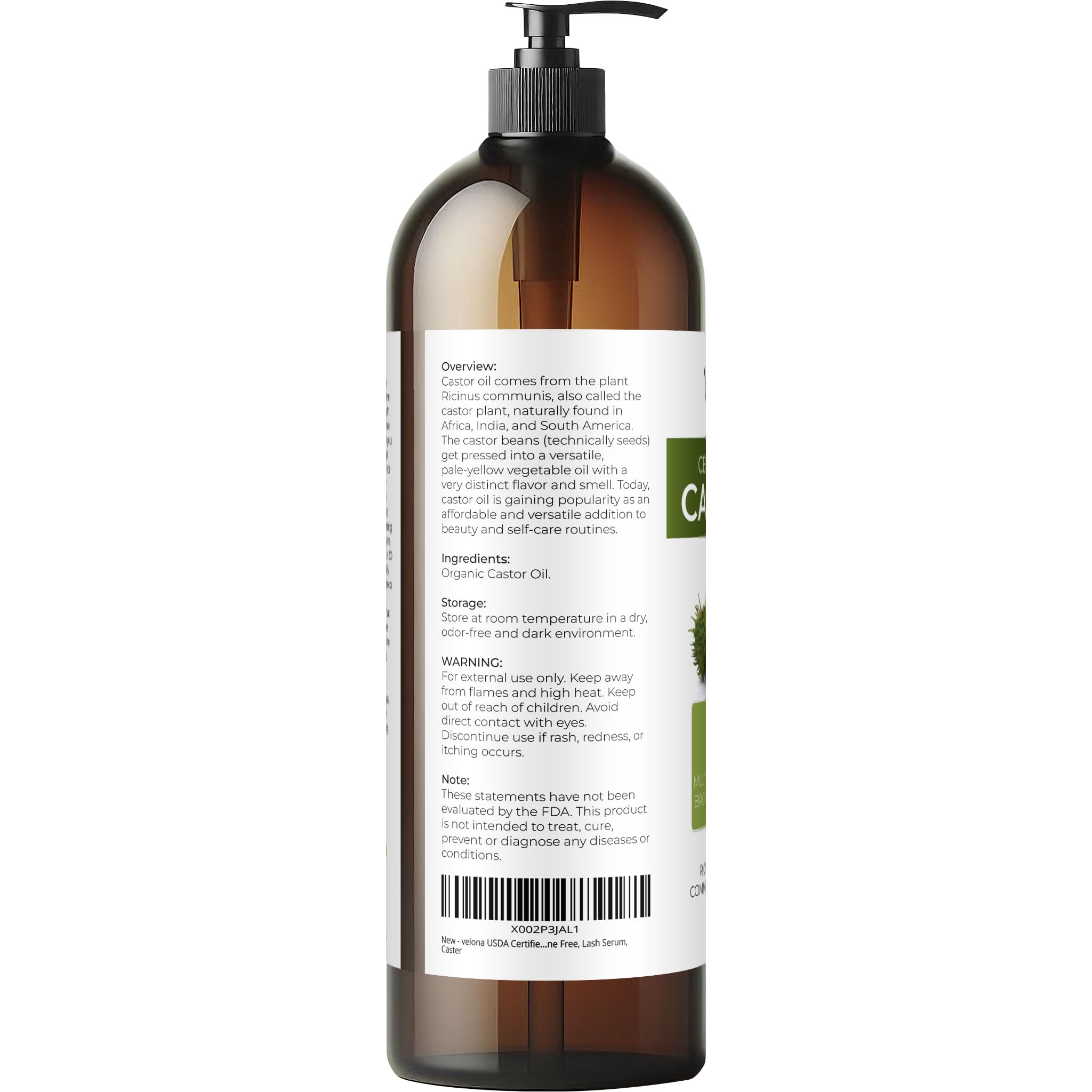 Velona USDA Organic Castor Oil 32oz — Hair Growth, Lash & Brow Care, Cold-Pressed