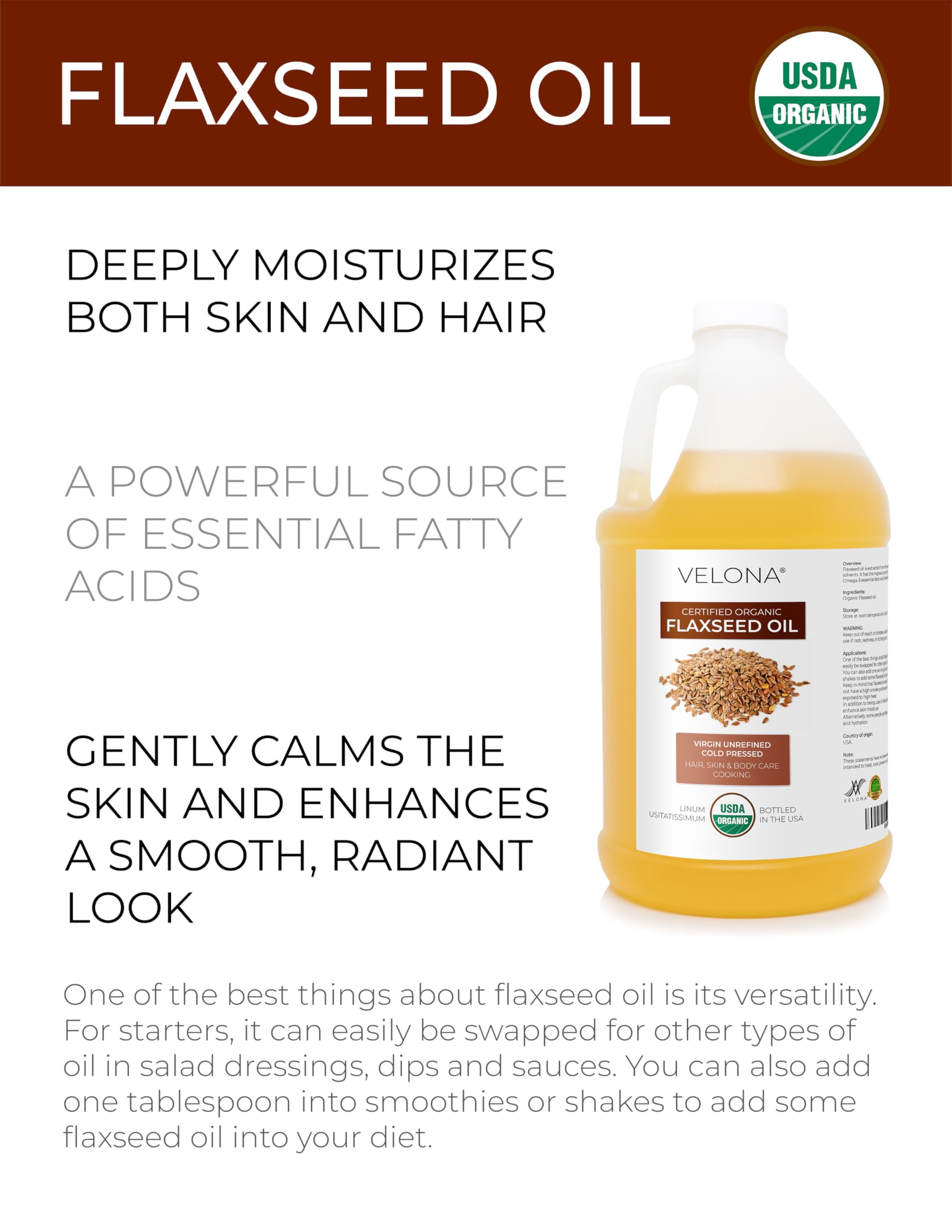 Velona USDA Organic Flaxseed Oil — Cold-Pressed Carrier Oil, 64 oz, Pure & Fragrance-Free
