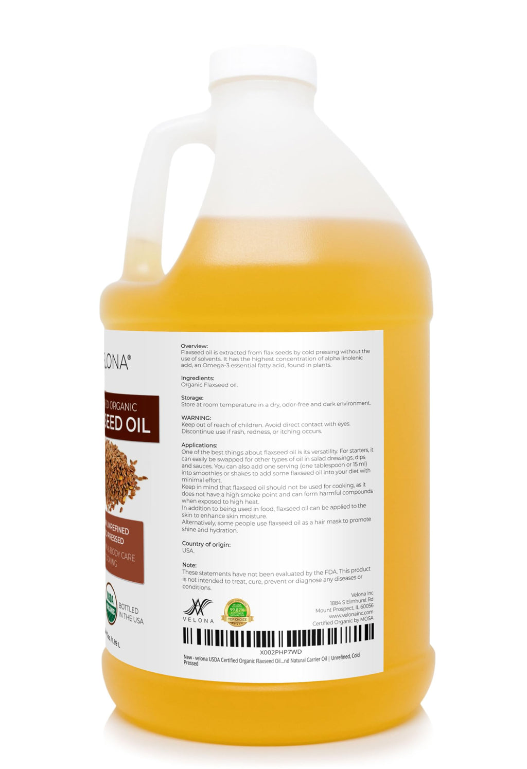 Velona USDA Organic Flaxseed Oil — Cold-Pressed Carrier Oil, 64 oz, Pure & Fragrance-Free