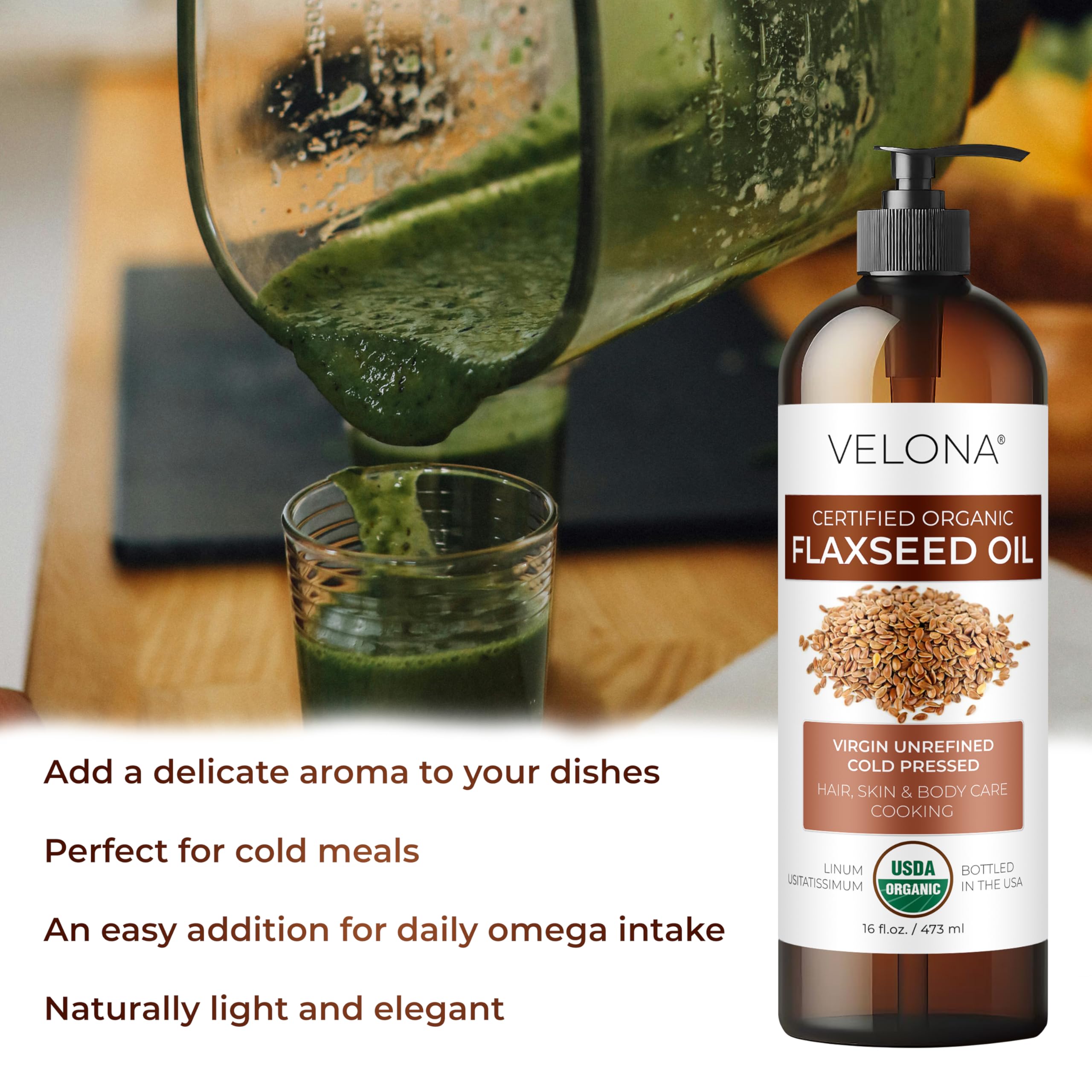 Velona USDA Organic Flaxseed Oil - 16oz, 100% Pure & Natural Carrier Oil, Unrefined & Cold-Pressed