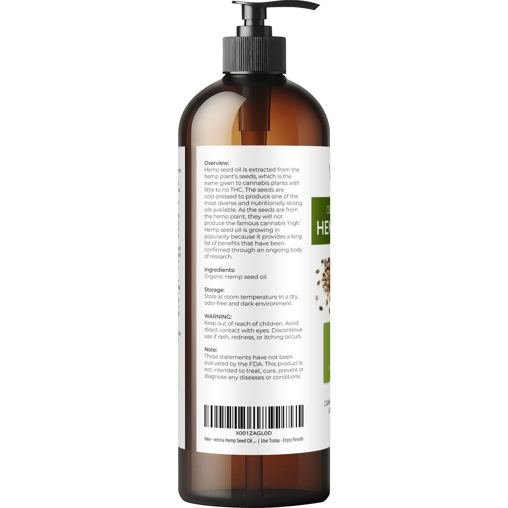 Velona Hemp Seed Oil USDA Certified Organic - 16 oz Cold-Pressed Carrier Oil for Hair, Skin & Body