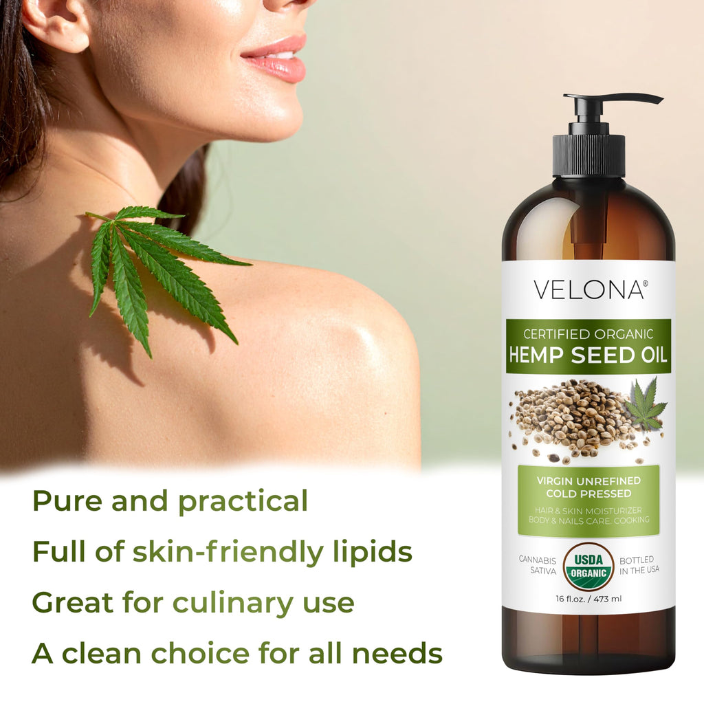 Velona Hemp Seed Oil USDA Certified Organic - 16 oz Cold-Pressed Carrier Oil for Hair, Skin & Body