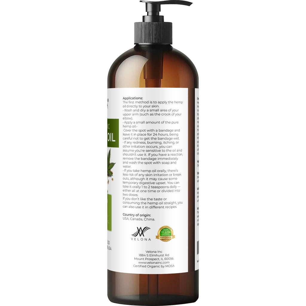 Velona Hemp Seed Oil USDA Certified Organic - 16 oz Cold-Pressed Carrier Oil for Hair, Skin & Body