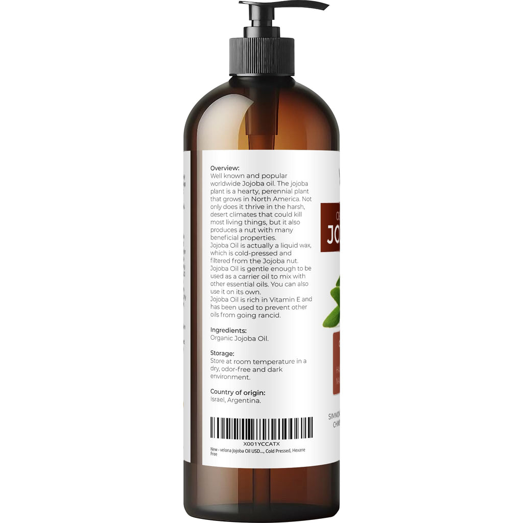 Velona Jojoba Oil USDA Organic - 16 fl oz with Pump | Pure, Cold-Pressed, Hexane Free