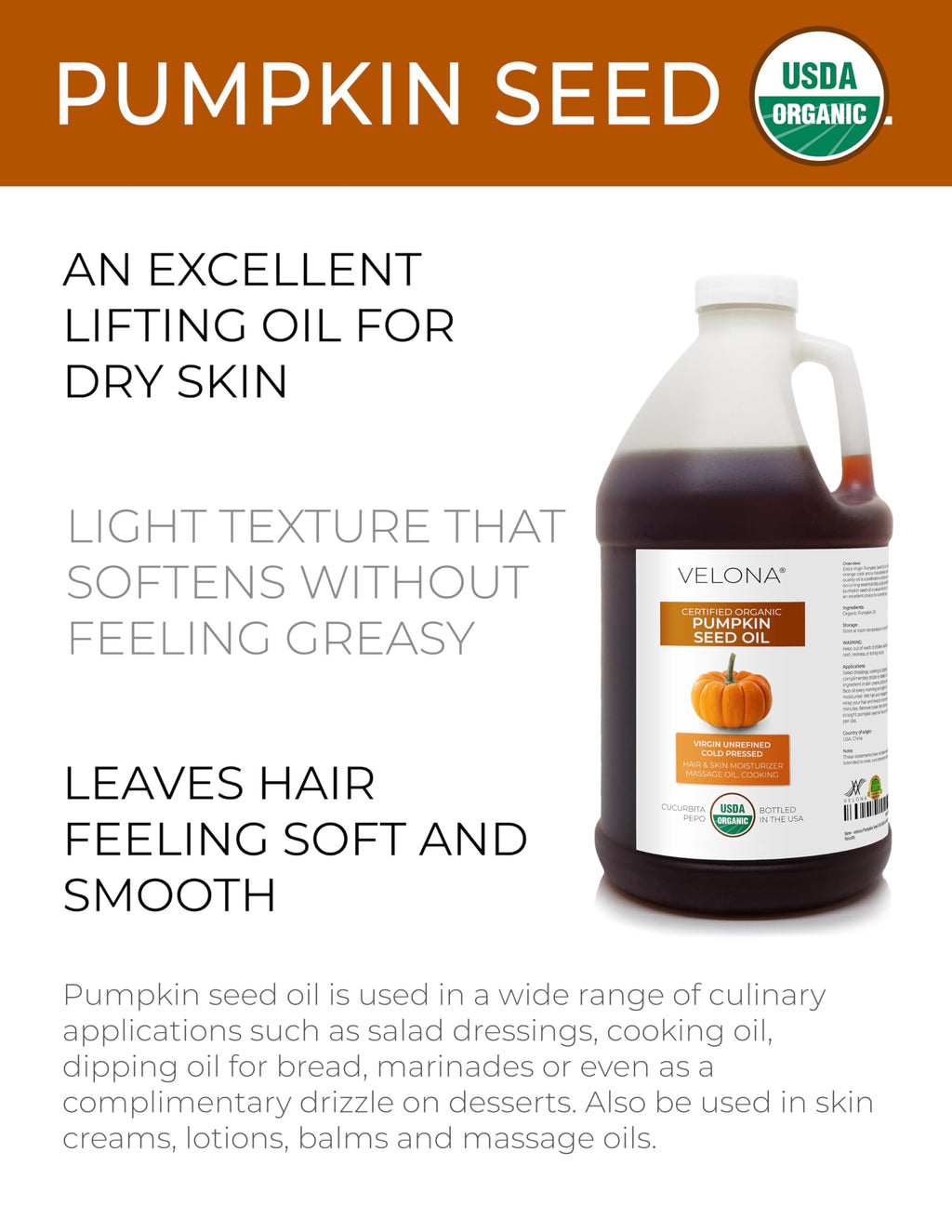 Velona USDA Organic Pumpkin Seed Oil - 64 oz Cold-Pressed, Unrefined Carrier Oil for Cooking, Skin, Hair & Body