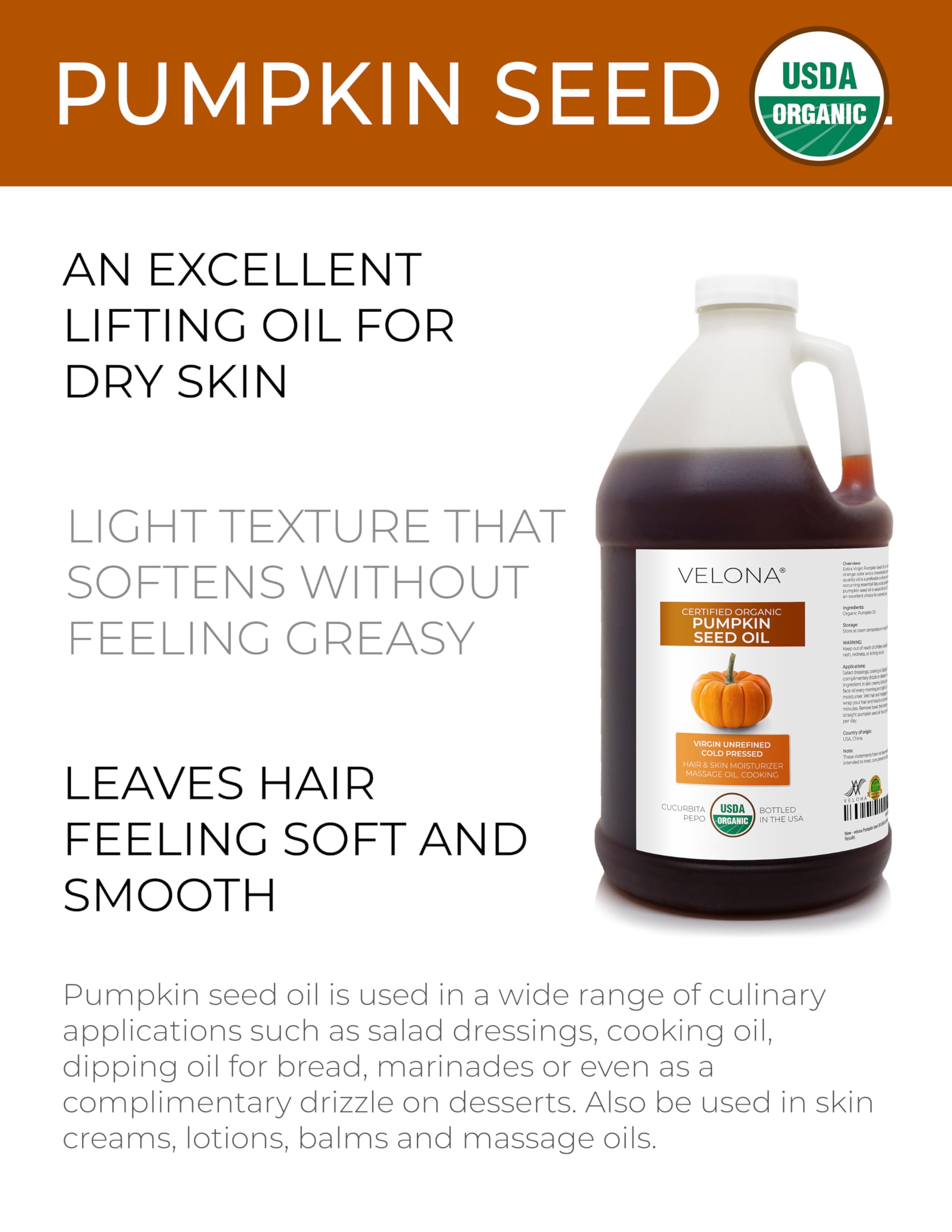 Velona USDA Organic Pumpkin Seed Oil - 64 oz Cold-Pressed, Unrefined Carrier Oil for Cooking, Skin, Hair & Body