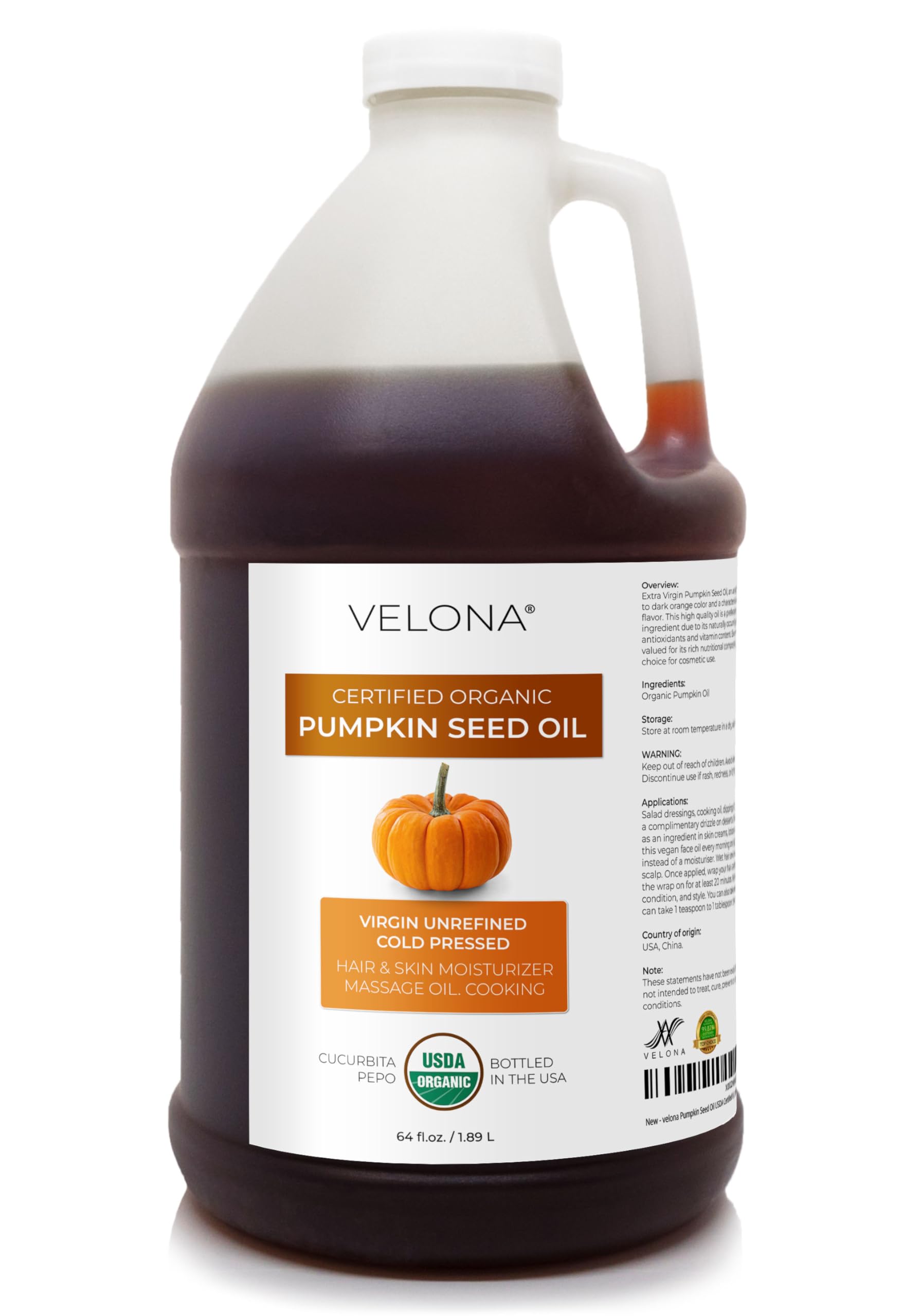 Velona USDA Organic Pumpkin Seed Oil - 64 oz Cold-Pressed, Unrefined Carrier Oil for Cooking, Skin, Hair & Body
