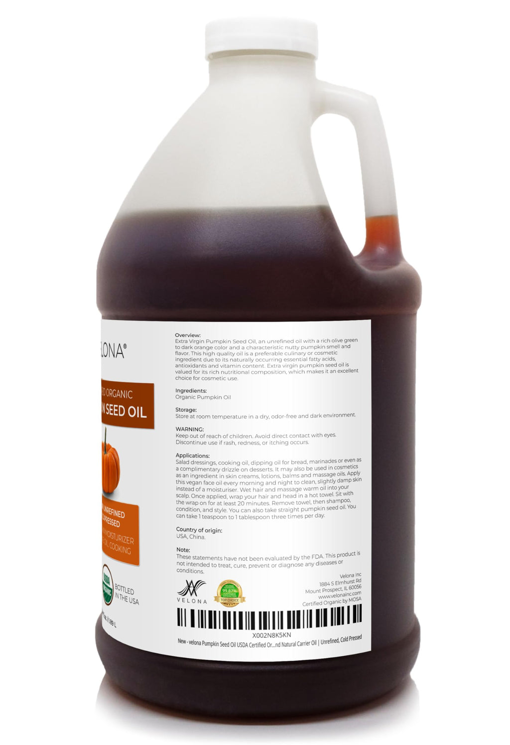 Velona USDA Organic Pumpkin Seed Oil - 64 oz Cold-Pressed, Unrefined Carrier Oil for Cooking, Skin, Hair & Body