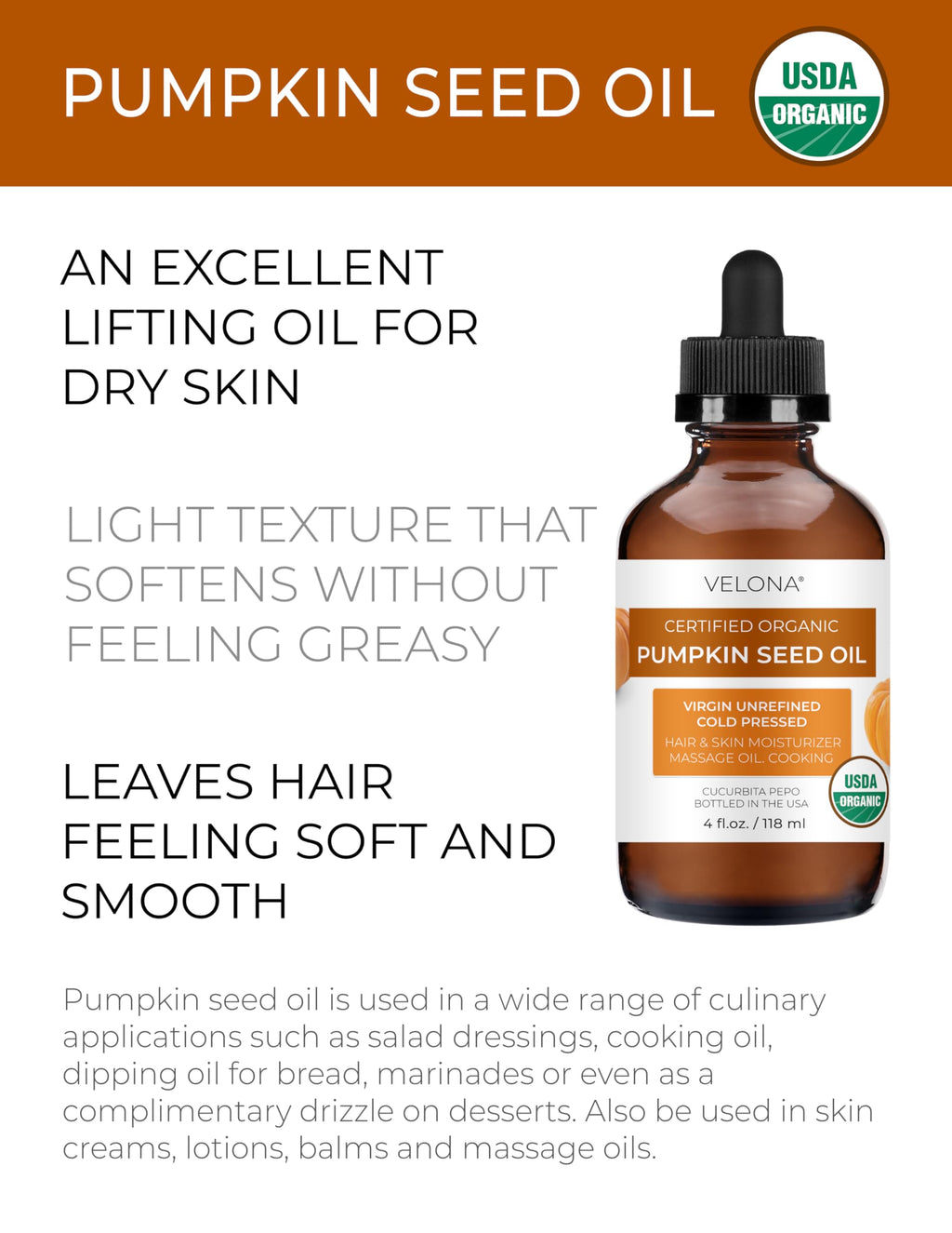 Velona Pumpkin Seed Oil - USDA Organic, Cold-Pressed Carrier Oil (4 fl oz)
