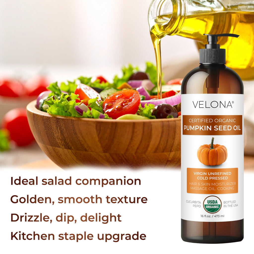 Velona USDA Organic Pumpkin Seed Oil - 64 oz Cold-Pressed, Unrefined Carrier Oil for Cooking, Skin, Hair & Body
