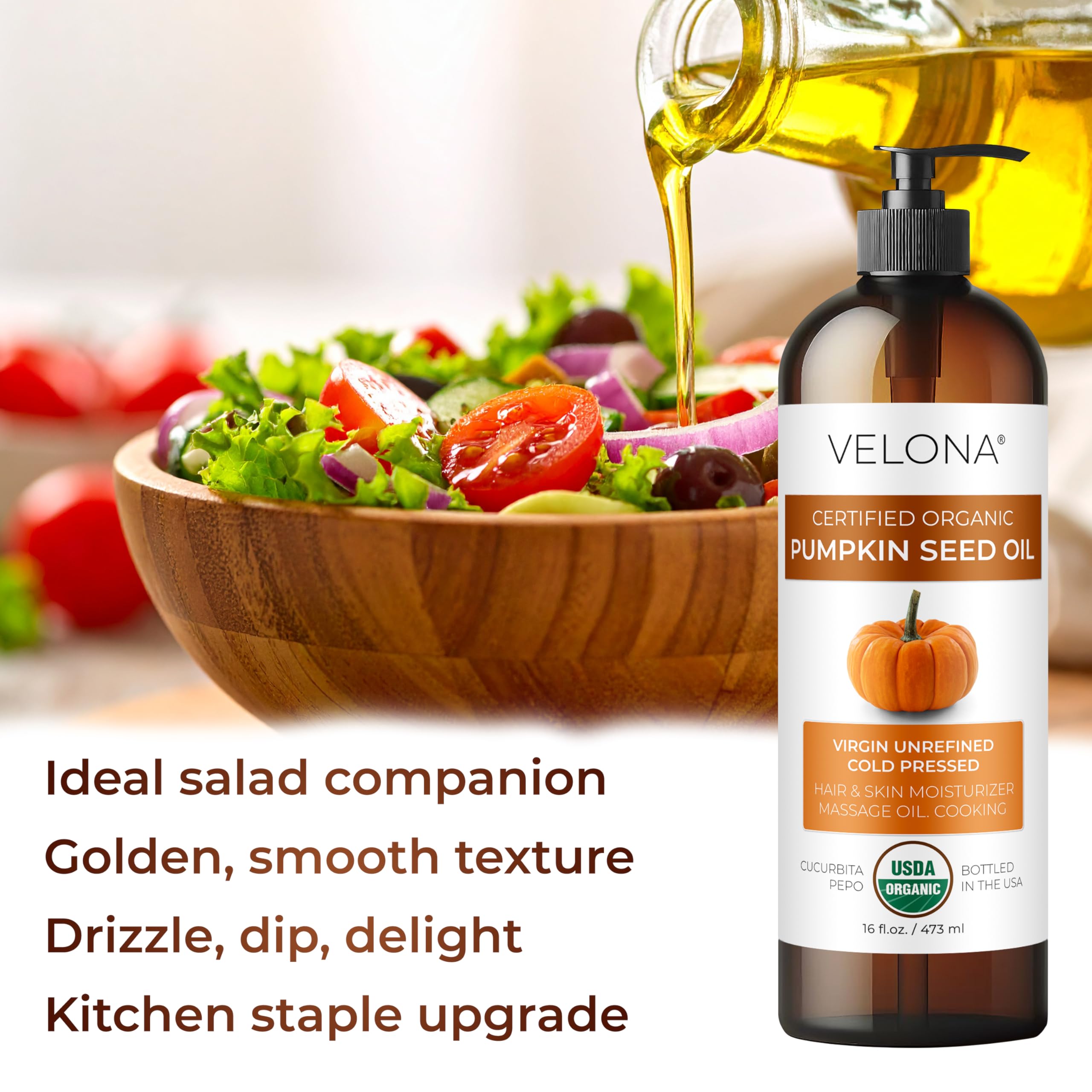 Velona USDA Organic Pumpkin Seed Oil - 64 oz Cold-Pressed, Unrefined Carrier Oil for Cooking, Skin, Hair & Body
