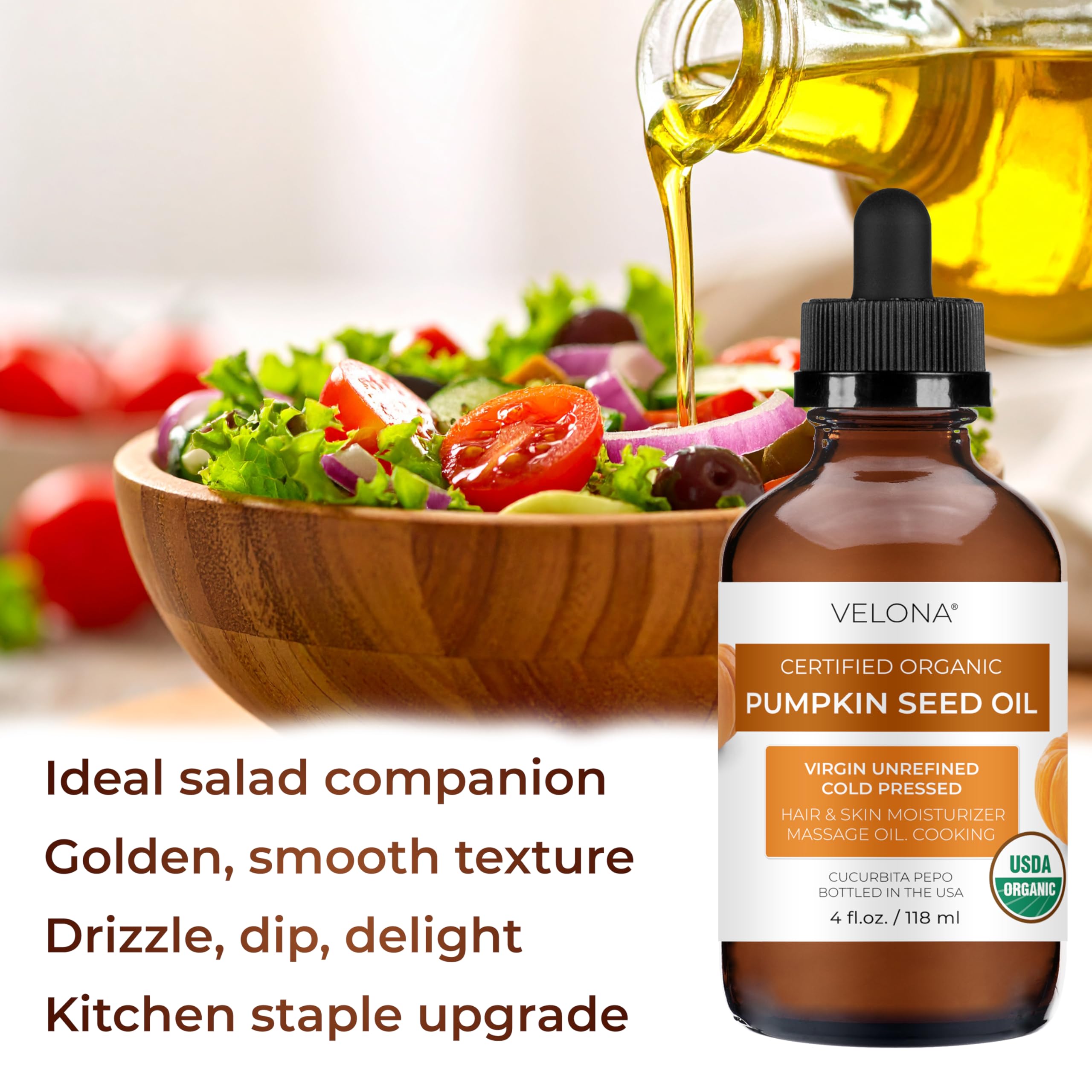 Velona Pumpkin Seed Oil - USDA Organic, Cold-Pressed Carrier Oil (4 fl oz)