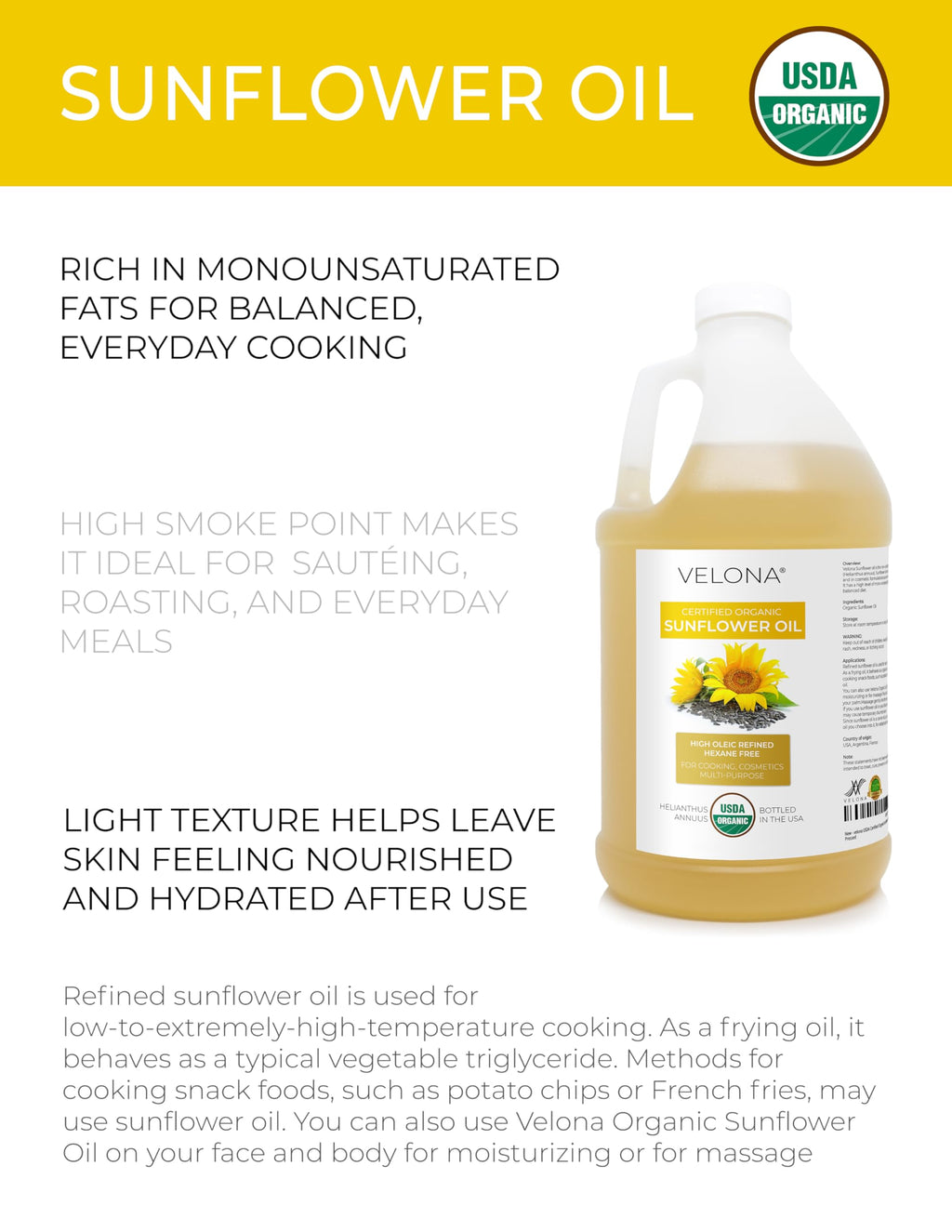 Velona USDA Organic Sunflower Oil 1gal – Refined High Oleic Carrier Oil for Cooking & Skin
