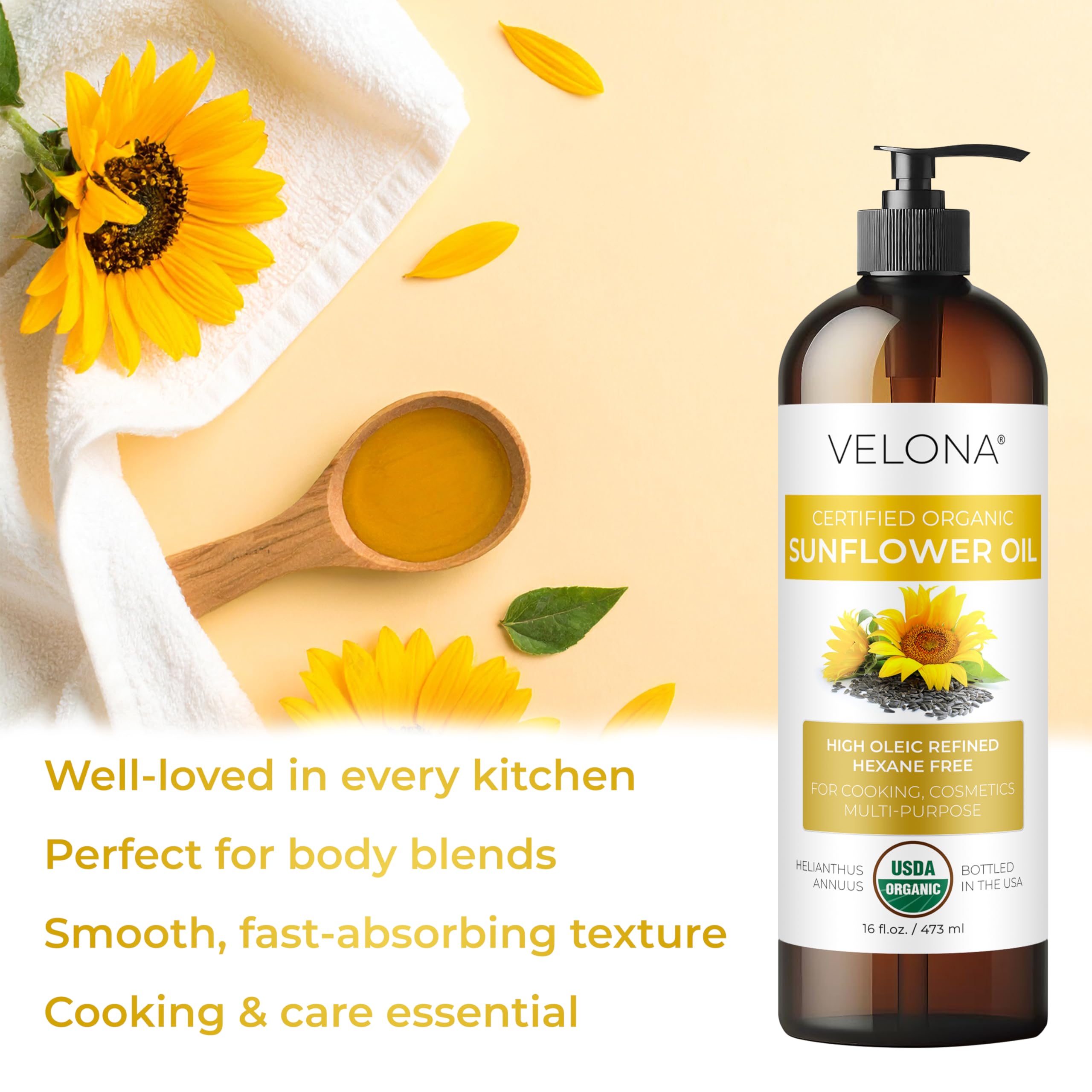 Velona USDA Organic Sunflower Oil 1gal – Refined High Oleic Carrier Oil for Cooking & Skin
