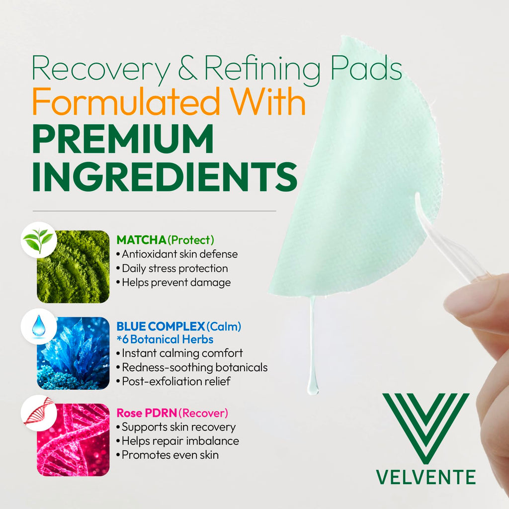 Velvente Matcha Toner Pads | Recovery & Refining with Rose PDRN, 100 Pads