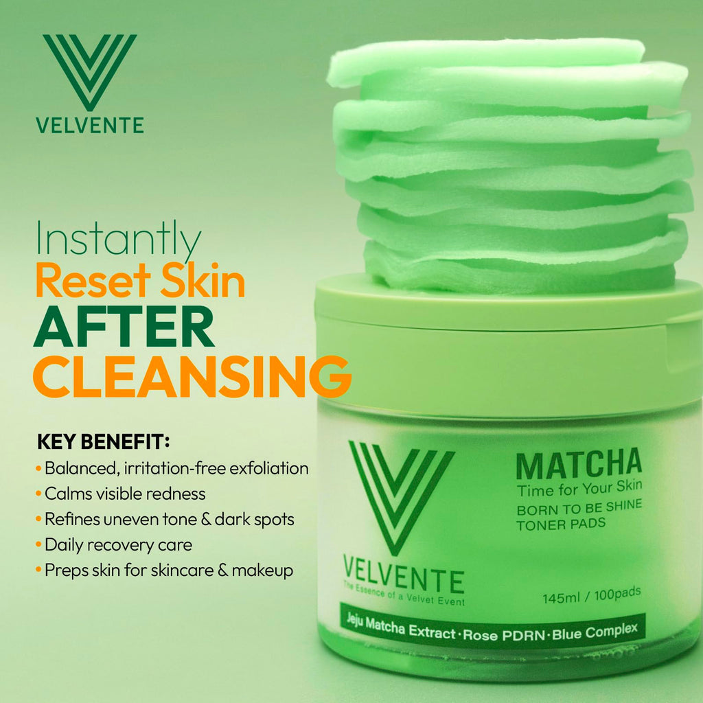 Velvente Matcha Toner Pads | Recovery & Refining with Rose PDRN, 100 Pads