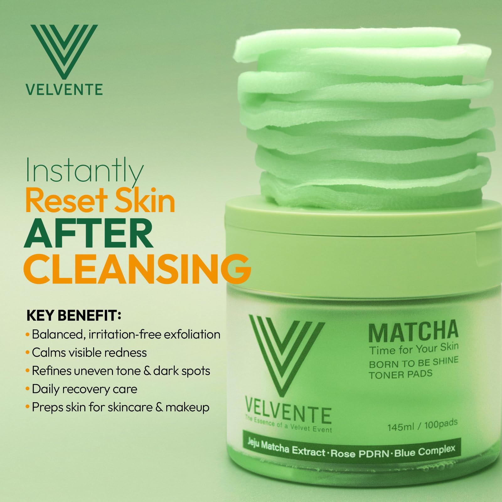 Velvente Matcha Toner Pads | Recovery & Refining with Rose PDRN, 100 Pads