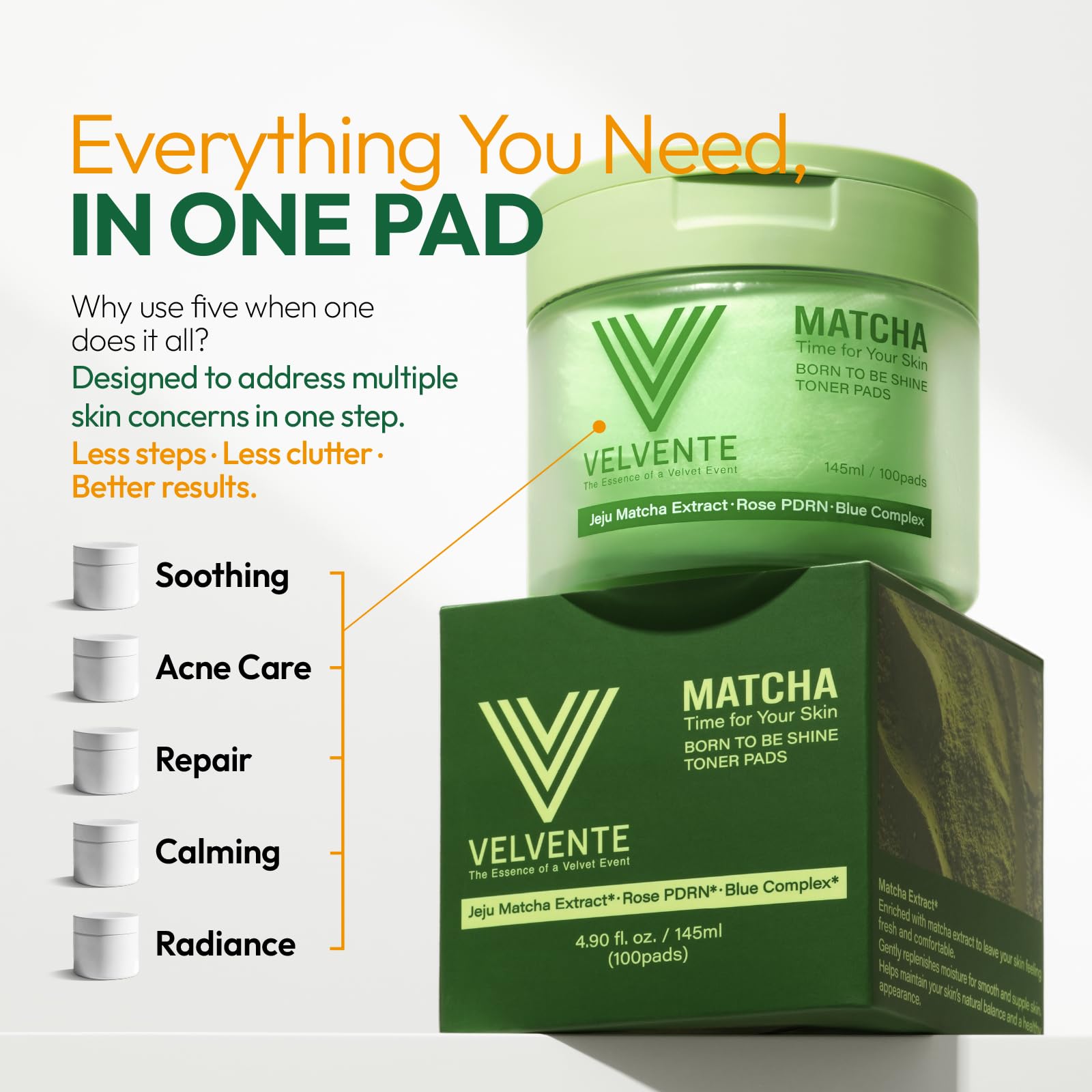 Velvente Matcha Toner Pads | Recovery & Refining with Rose PDRN, 100 Pads