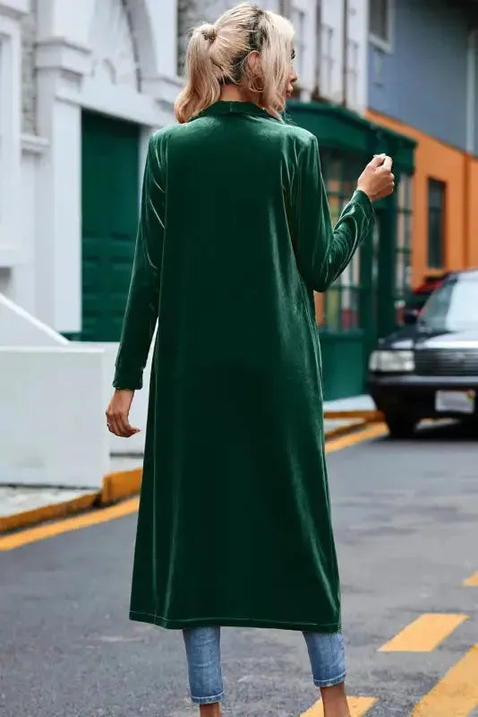 Velvet Open Front Pocketed Long Duster Cardigan Women UK