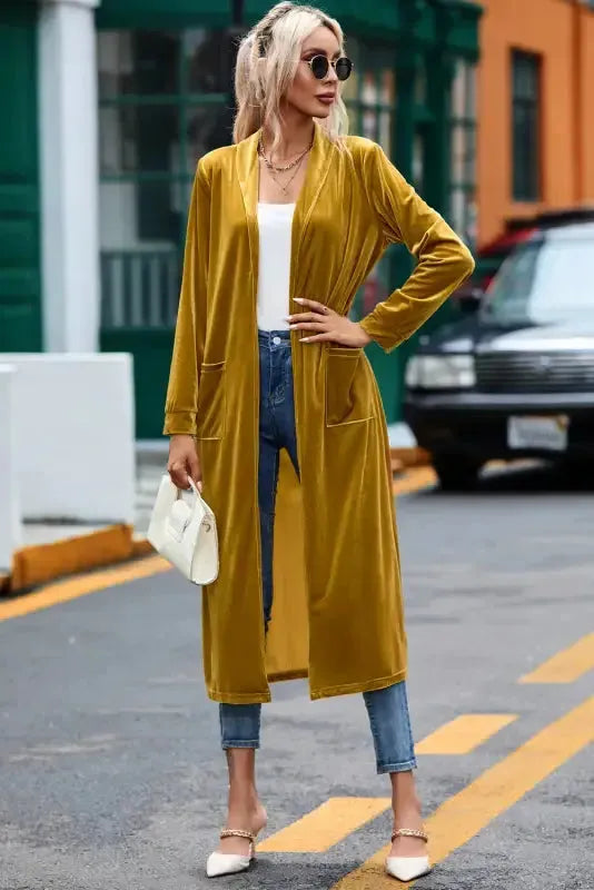 Velvet Open Front Pocketed Long Duster Cardigan Women UK