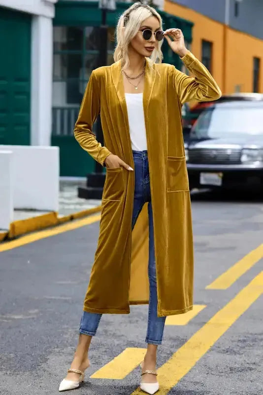 Velvet Open Front Pocketed Long Duster Cardigan Women UK