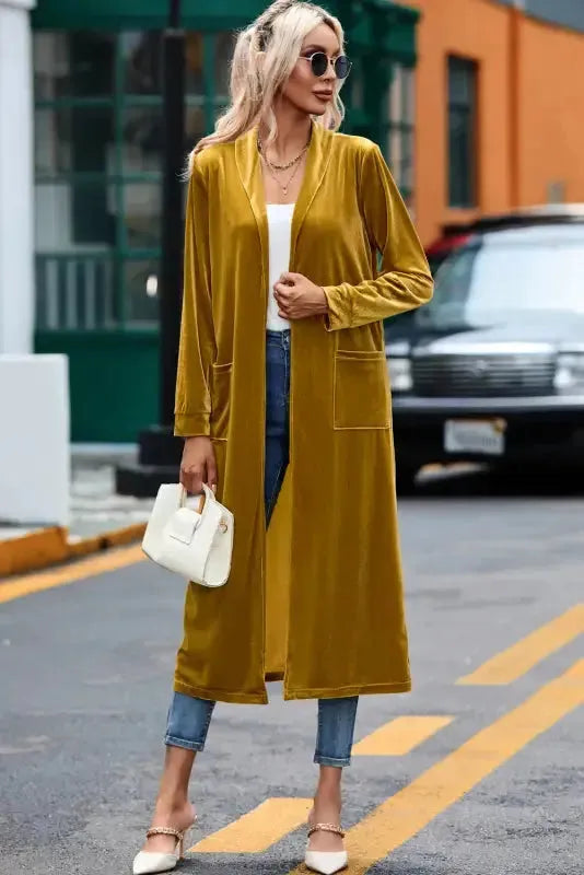 Velvet Open Front Pocketed Long Duster Cardigan Women UK