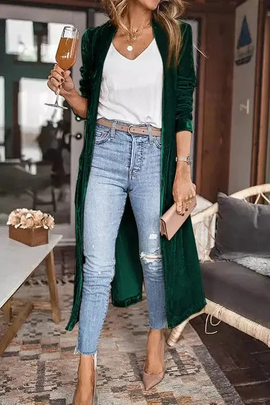 Velvet Open Front Pocketed Long Duster Cardigan Women UK