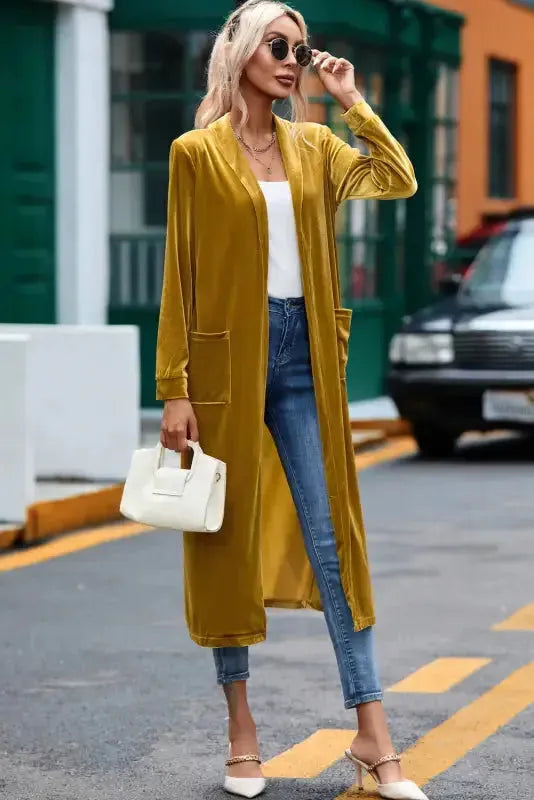 Velvet Open Front Pocketed Long Duster Cardigan Women UK