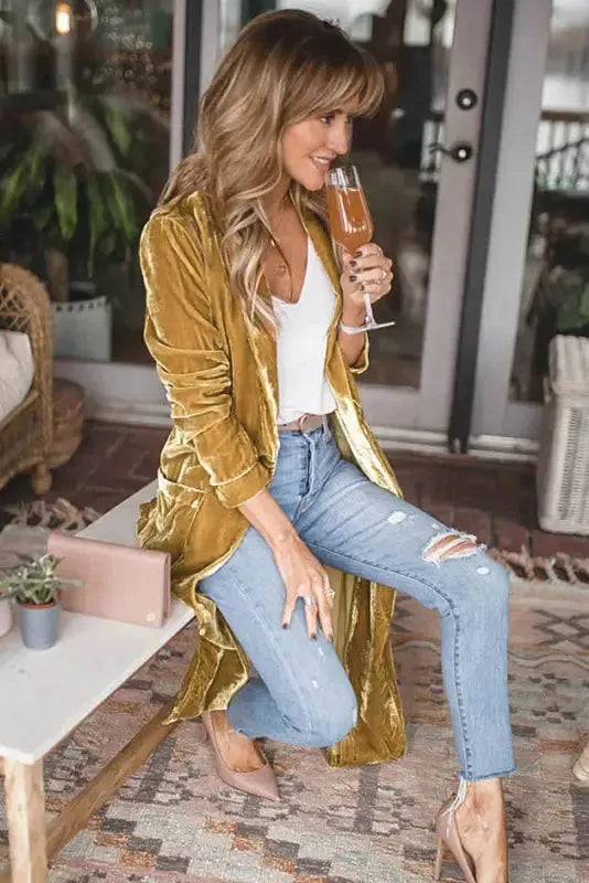 Velvet Open Front Pocketed Long Duster Cardigan Women UK