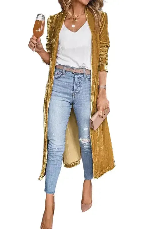 Velvet Open Front Pocketed Long Duster Cardigan Women UK